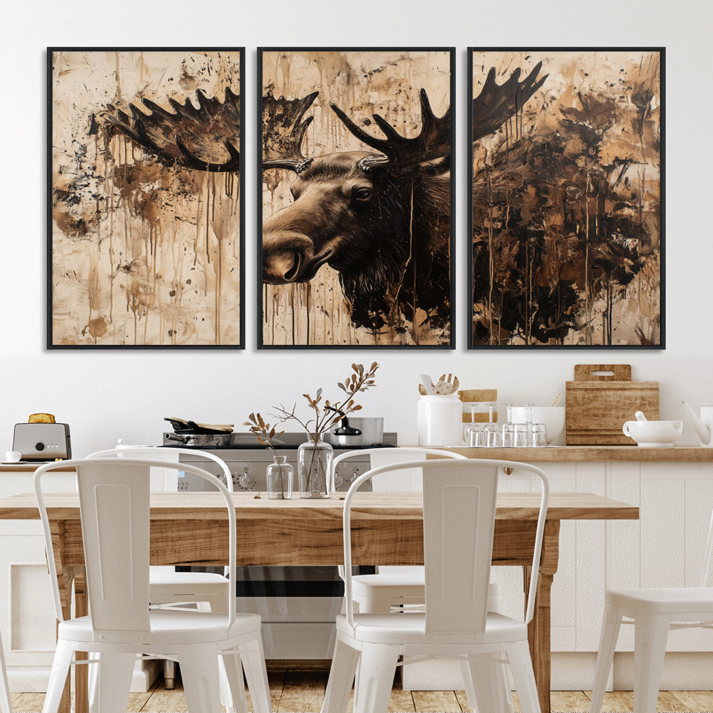 Artistic painting of a moose head with large antlers in shades of brown and black, with paint splatters and drips on a beige textured background, creating a rustic and expressive wall art canvas.