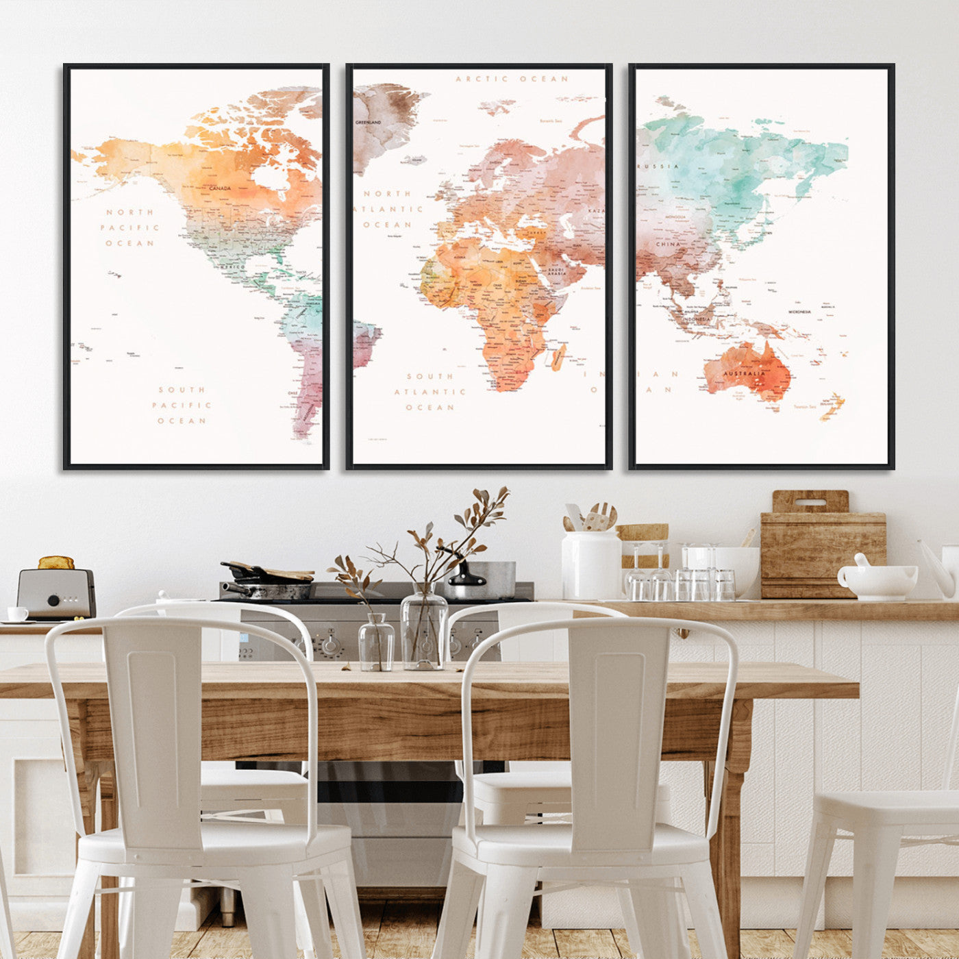 Watercolor world map featuring soft pastel hues in orange, green, blue, and purple on a light background, printed on canvas for vibrant and artistic wall decor.