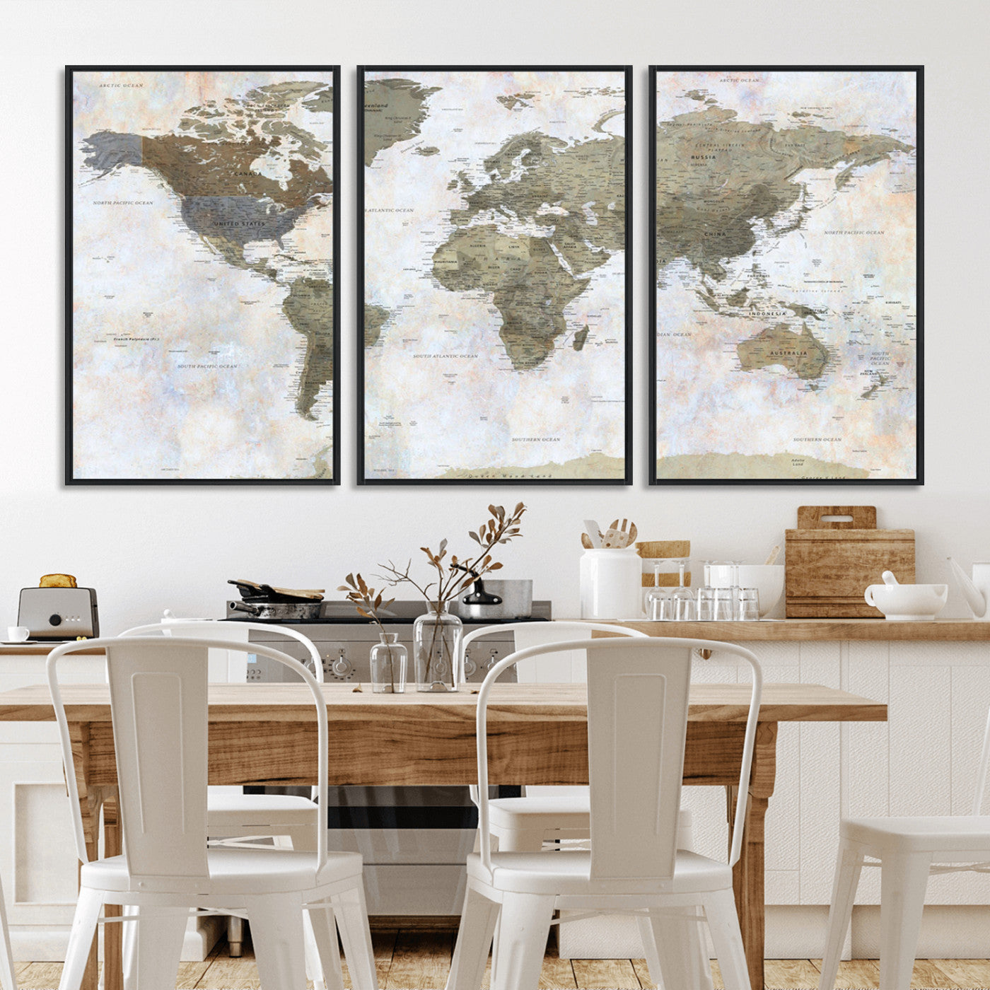 World map printed on a textured canvas with soft muted earth tones and a weathered background, showing detailed countries and continents, perfect for vintage-style wall art.