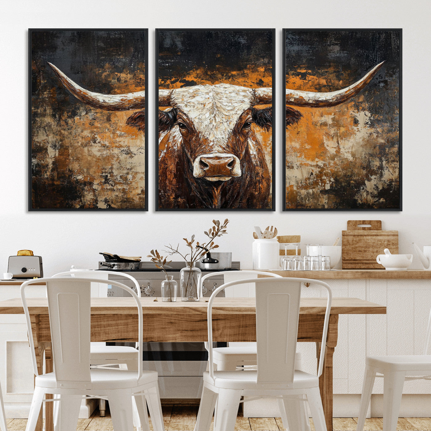 25265572-MGV-FC-60X30-3P_Black-Rustic Longhorn Bull Wall Art Canvas Print – Vintage Western Cattle Painting, Texas Steer Artwork for Ranch, Farmhouse or Cowboy Decor