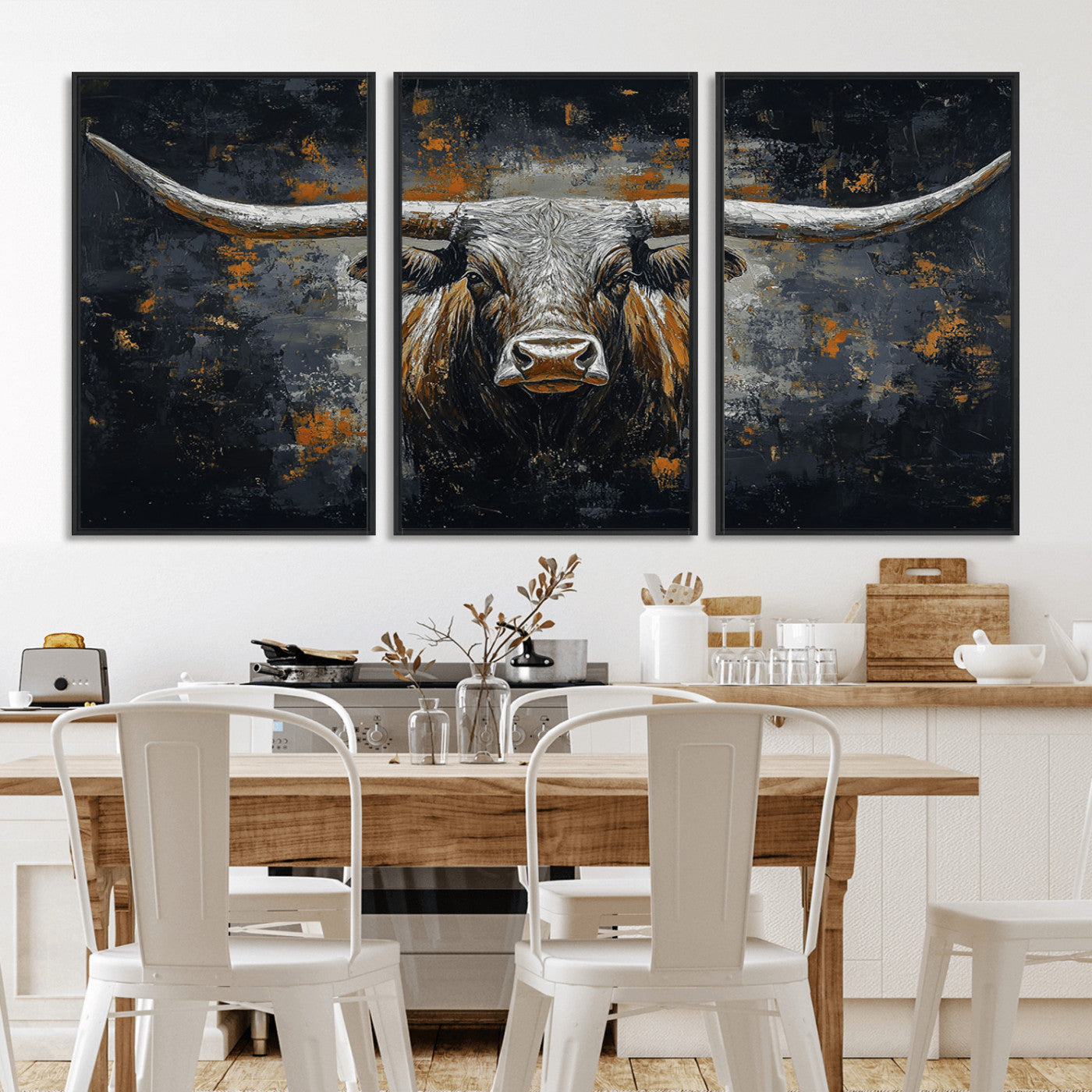 93195031-MGV-FC-60X30-3P_Black-Rustic Longhorn Bull Wall Art Canvas Print – Vintage Western Cattle Painting, Texas Steer Artwork for Ranch, Farmhouse or Cowboy Decor