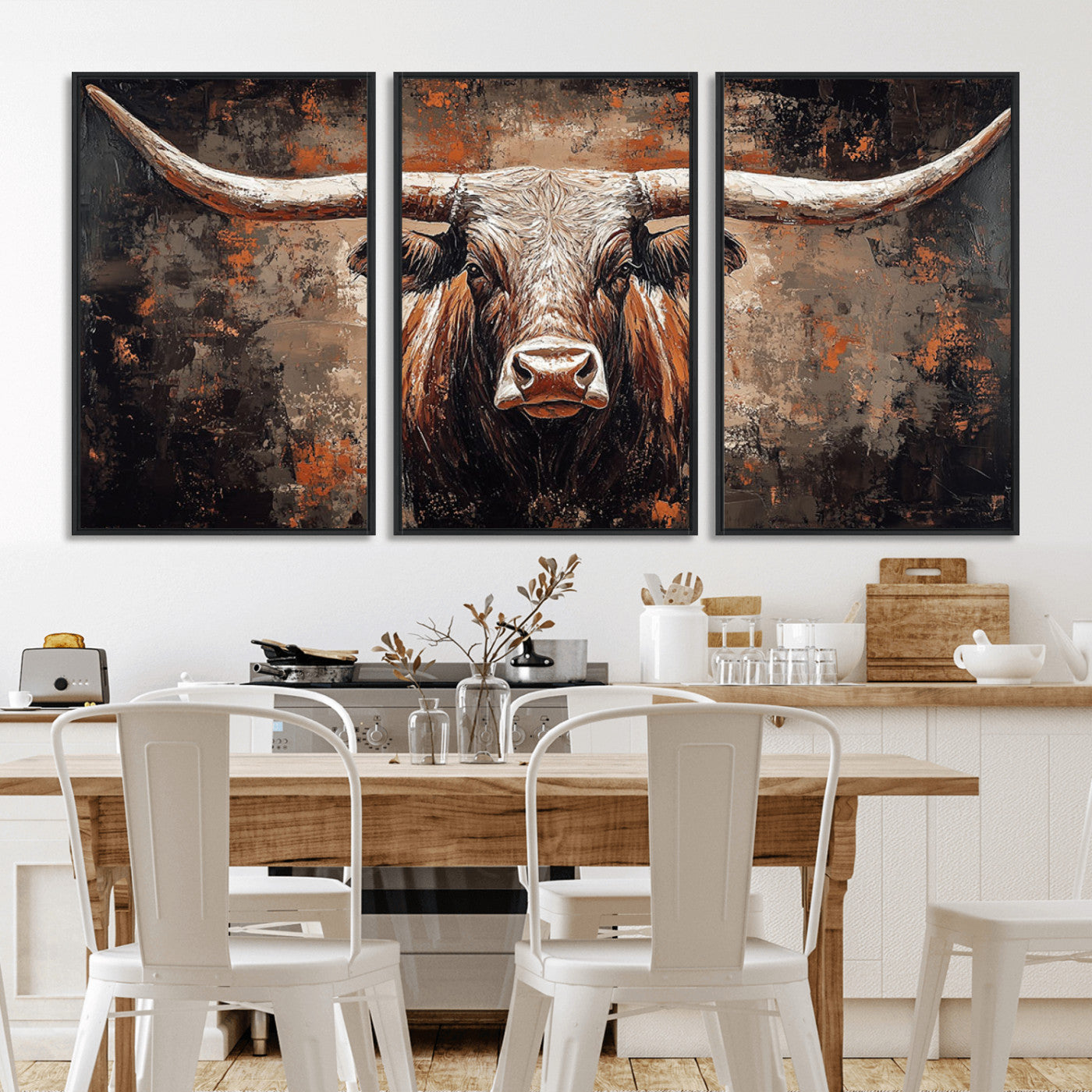42732393-MGV-FC-60X30-3P_Black-Rustic Longhorn Bull Wall Art Canvas Print – Vintage Western Cattle Painting, Texas Steer Artwork for Ranch, Farmhouse or Cowboy Decor