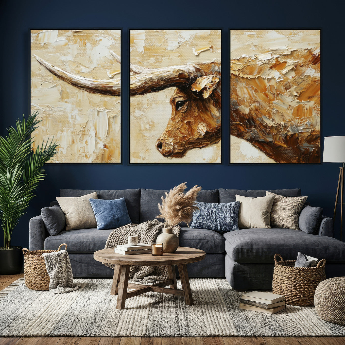 69611428-MGV-CV-36X24 - Rustic Longhorn Bull Wall Art Canvas Print – Vintage Western Cattle Painting, Texas Abstract Wall Cow Prints