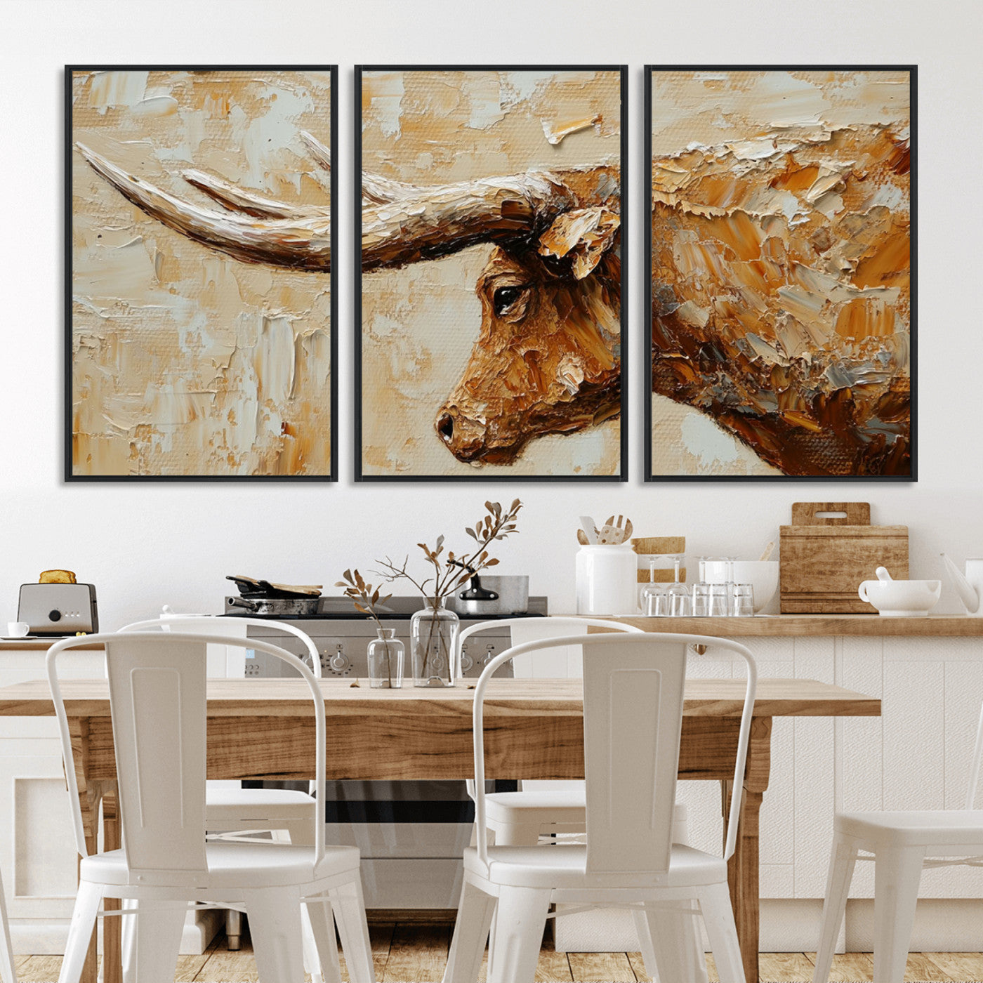 Rustic Longhorn Bull Wall Art Canvas Print – Vintage Western Cattle Painting, Texas Steer Artwork for Ranch, Farmhouse or Cowboy Decor