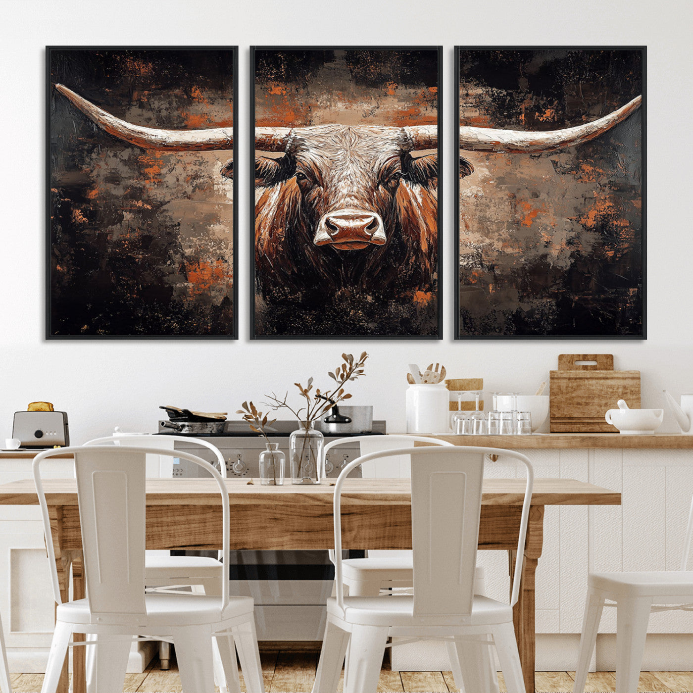 Rustic Longhorn Bull Wall Art Canvas Print – Vintage Western Cattle Painting, Texas Steer Artwork for Ranch, Farmhouse or Cowboy Decor
