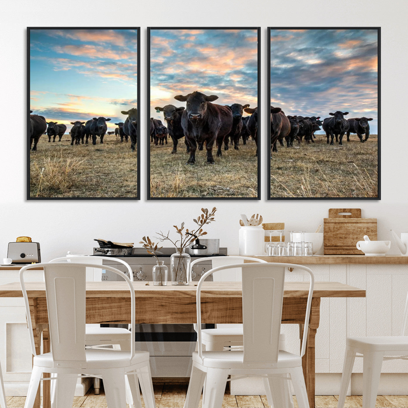 MGV-FC-60X30-3P - Texas Longhorn Cattle Wall Art Canvas Print – Rustic Western Ranch Scene with Steers at Sunset,