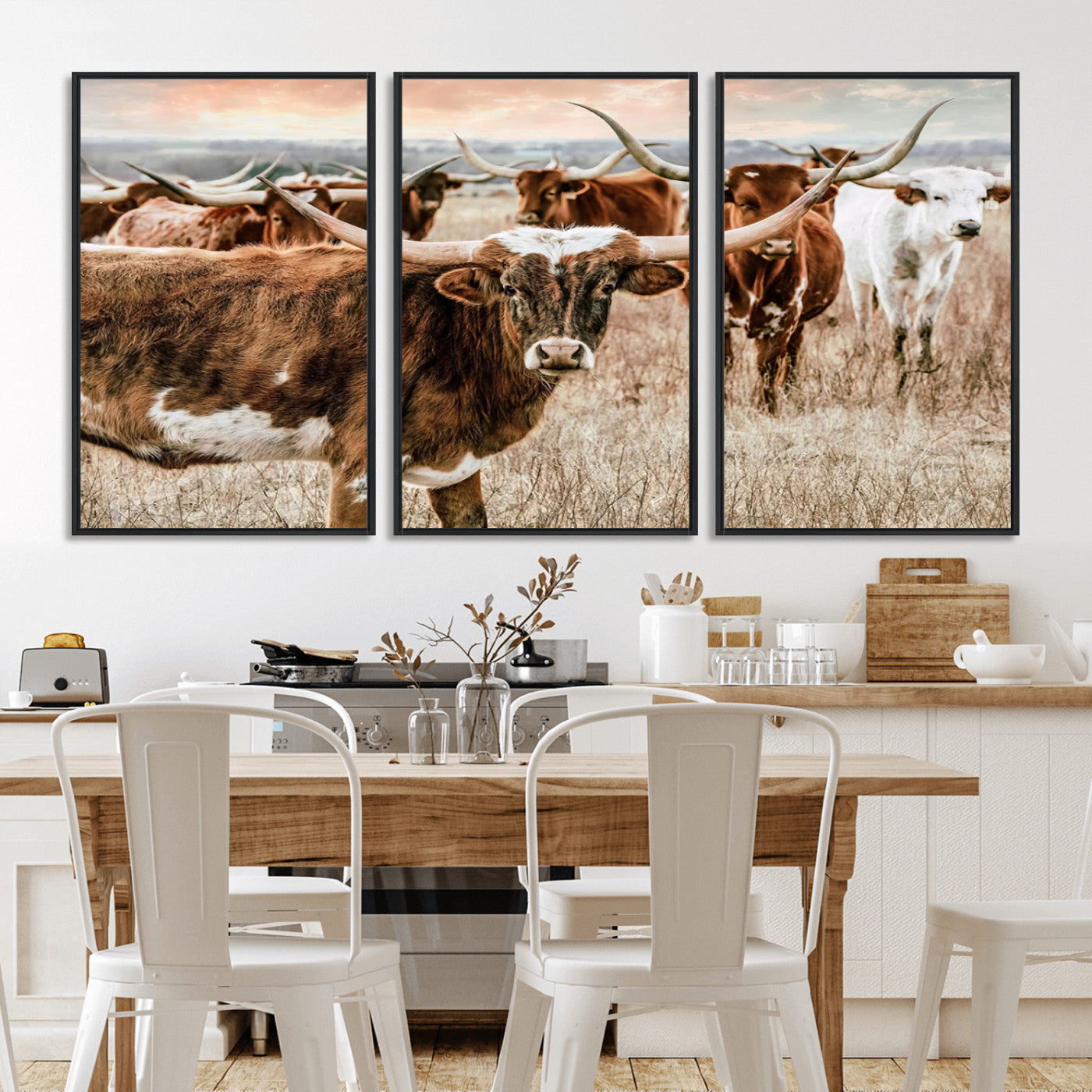 MGV-FC-60X30-3P - Texas Longhorn Cattle Wall Art Canvas Print – Rustic Western Ranch Scene with Steers at Sunset,