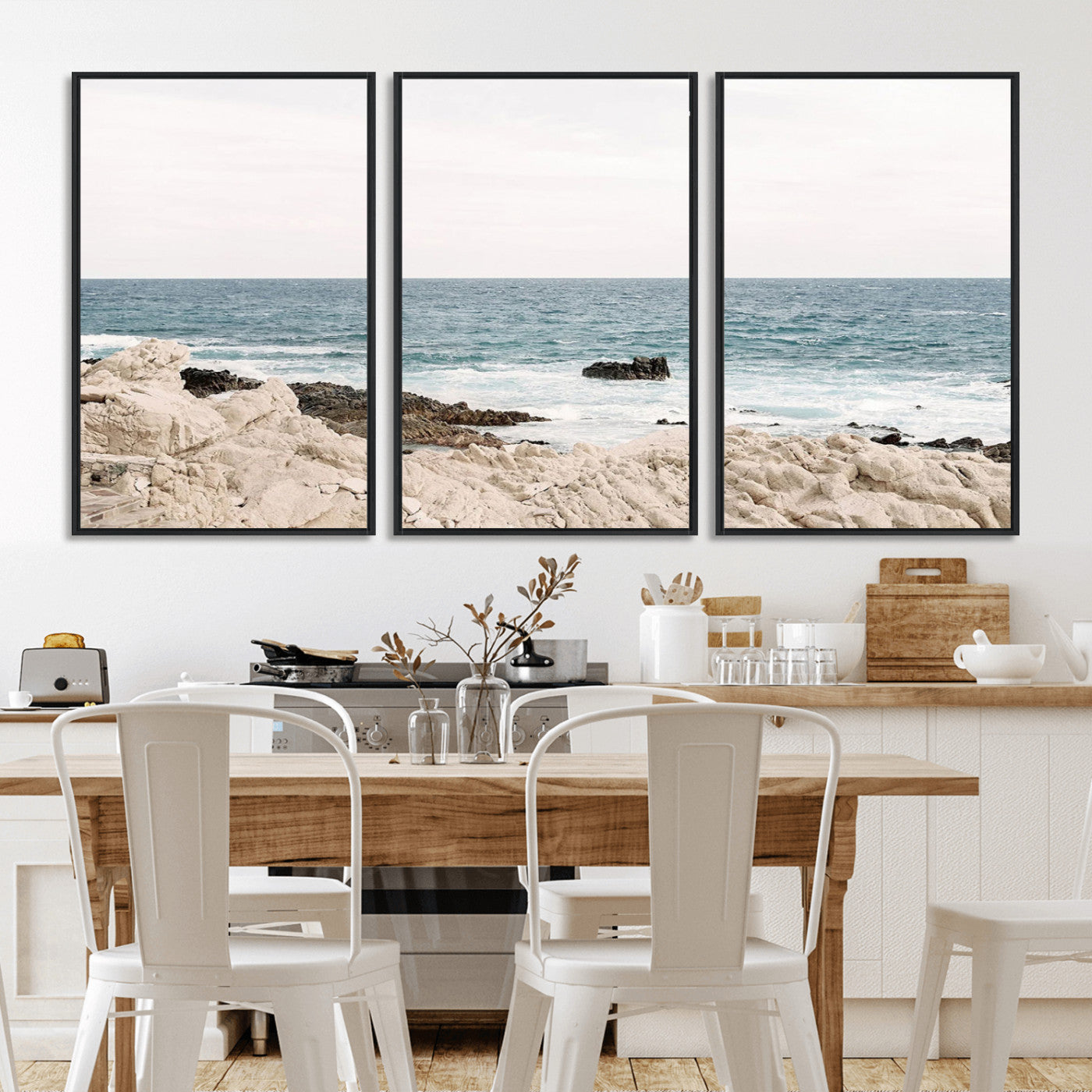 Coastal Ocean View Wall Art Canvas Print – Serene Rocky Shoreline and Blue Sea Photography for Coastal Chic or Minimalist Home Decor