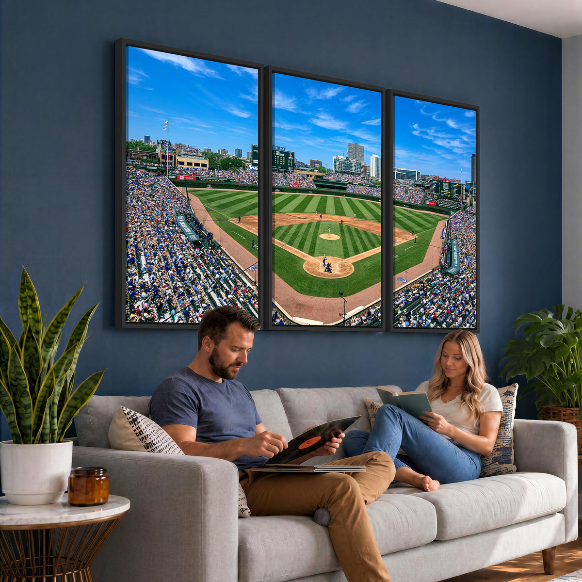 35800083-MGV-CV-36X24 - Wrigley Field Baseball Stadium Canvas Wall Art – Packed Crowd Sports Stadium City Skyline Artwork for Home Office
