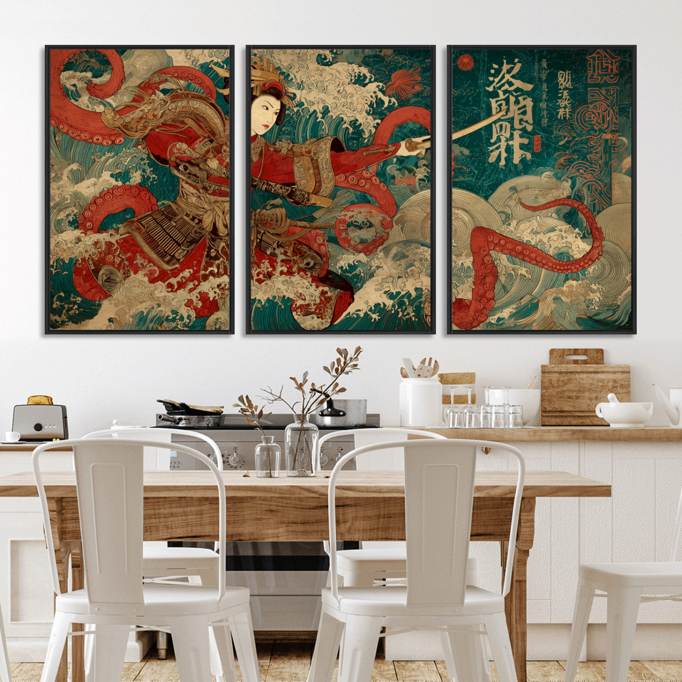 MGV-FC-60X30-3P - Tsukioka Yoshitoshi Samurai Wall Art Print, Japanese Katana Warrior Canvas Wall Art, Octopus Sea Monster Canvas Print,