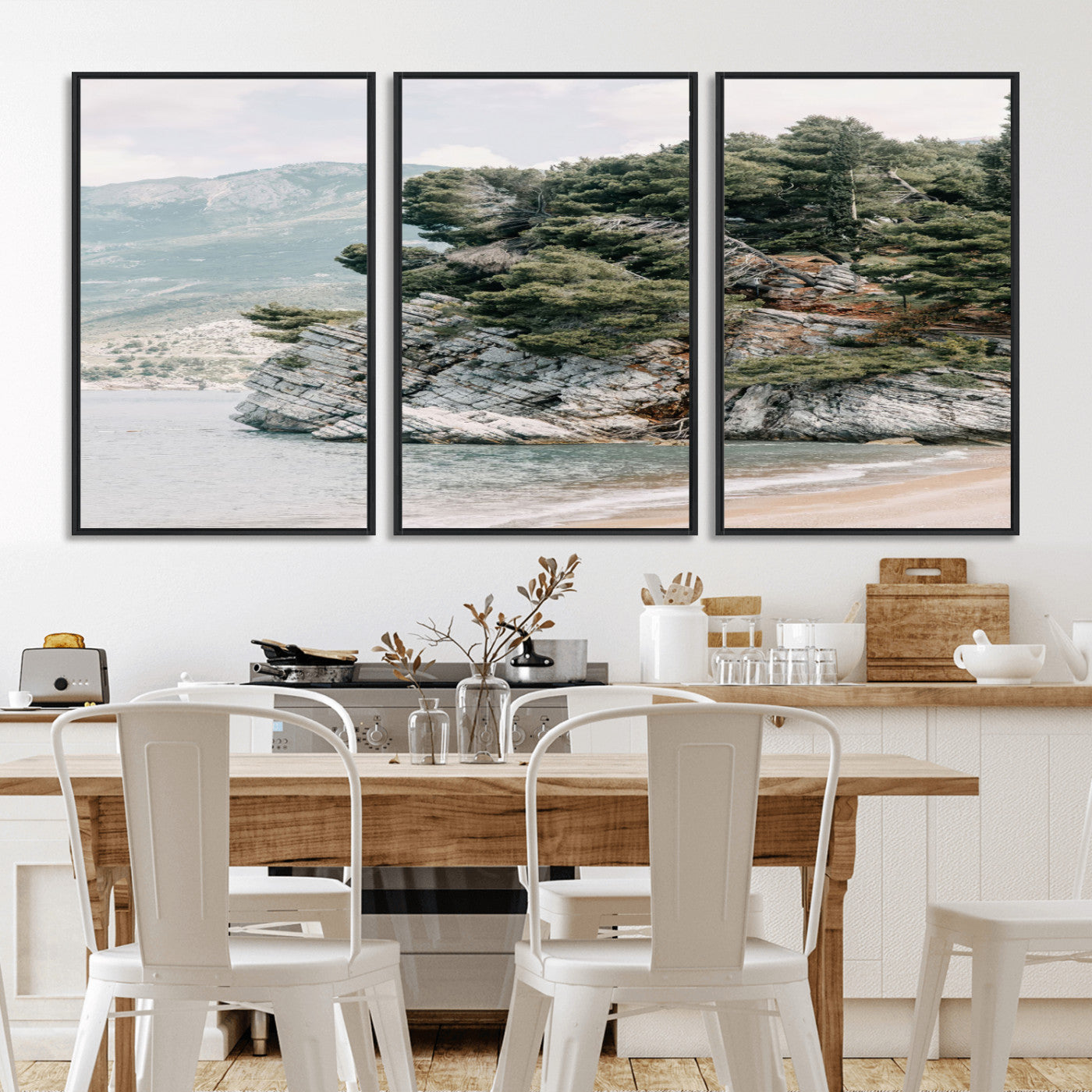 MGV-FC-60X30-3P - Coastal Rock Canvas Wall Art Print, Scenic Beach Landscape, Pine Trees on Rocky Cliff, Large Nature