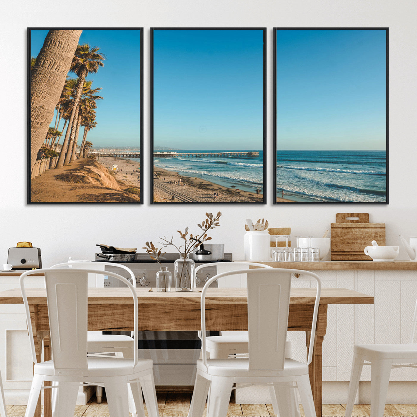 MGV-FC-60X30-3P - Scenic Beach with Tall Palm Trees, Sandy Shore, and Long Pier Stretching into the Calm Ocean Under