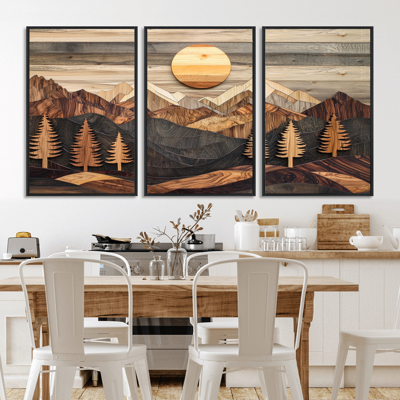19832326-MGV-FC-60X30-3P - Wooden Mountain Landscape Layered Texture Geometric Shapes Sun Pine Trees Rustic Natural Tones Art