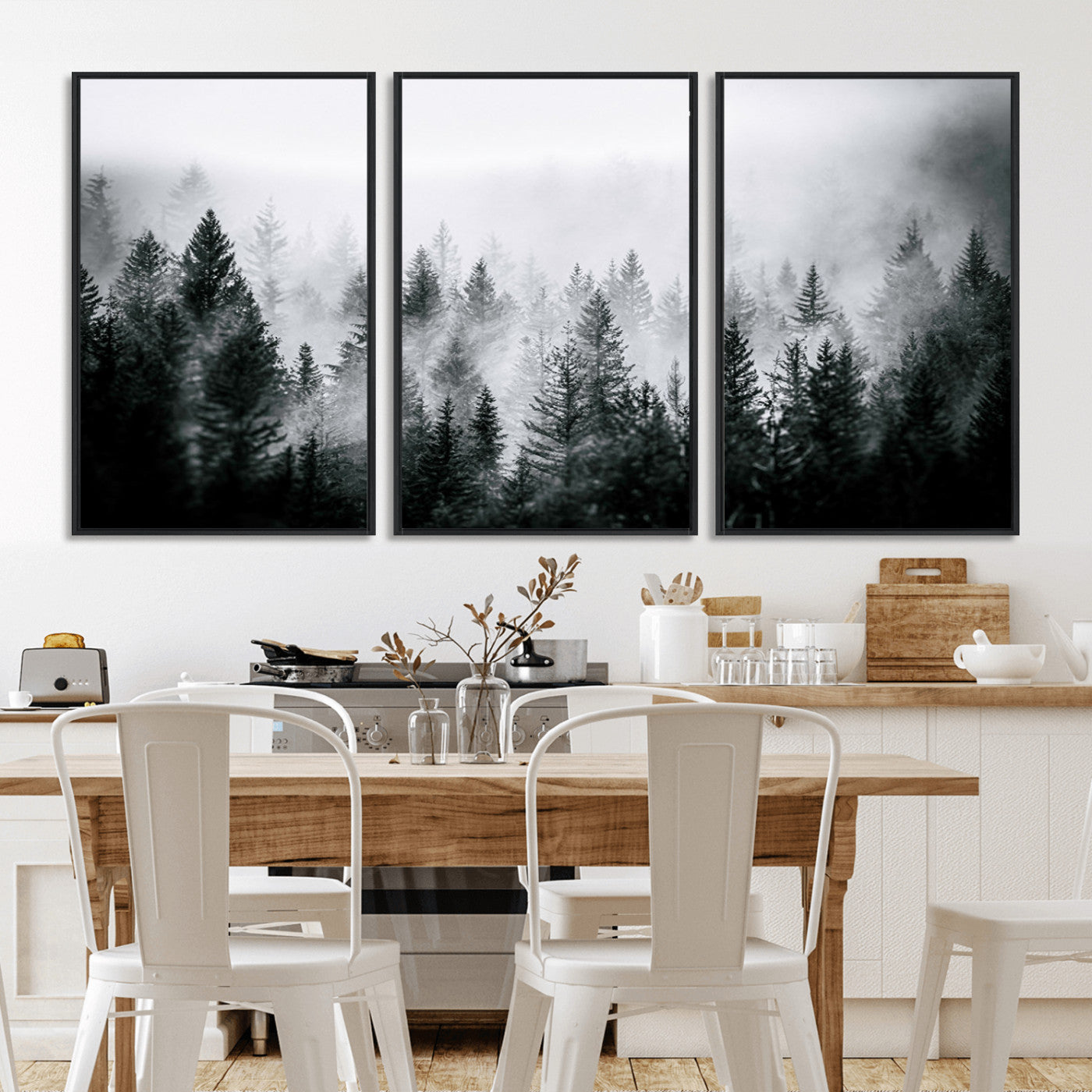 Horizontal black and white canvas wall art of foggy pine forest landscape for modern and rustic home decor