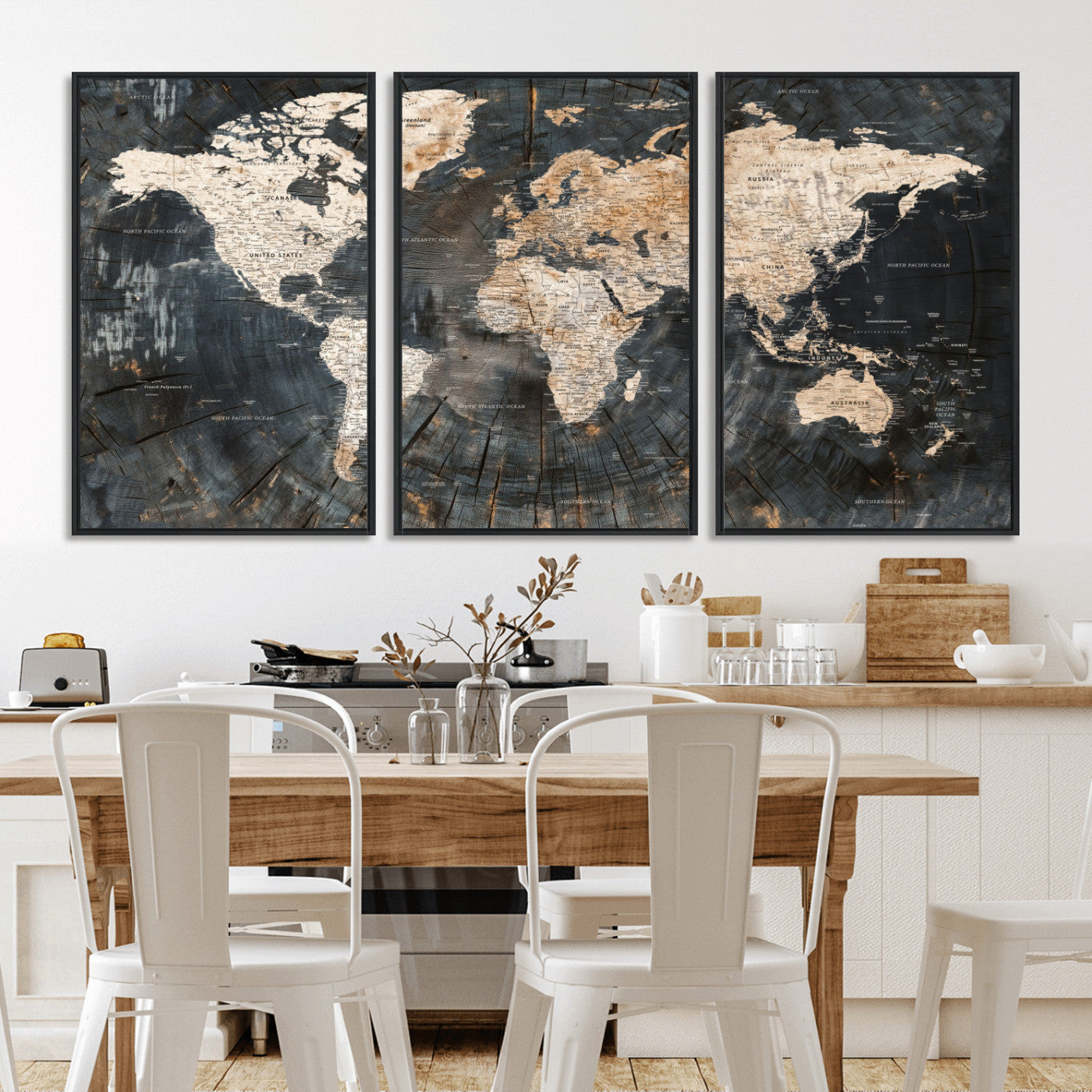 57626704-MGV-FC-60X30-3P - World Map Wall Art Canvas Print, Modern Decorative Framed Map Artwork Prints for Living Room, Office, Bedroom Wall Decor