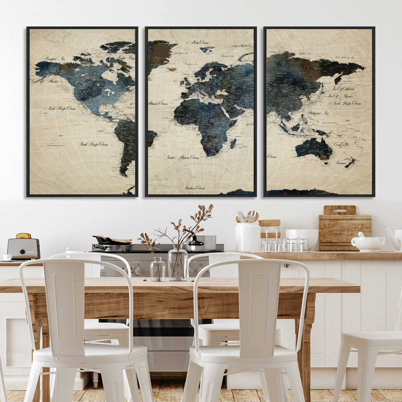 33438443-MGV-FC-60X30-3P - World Map Wall Art Canvas Print, Modern Decorative Framed Map Artwork Prints for Living Room, Office, Bedroom Wall Decor