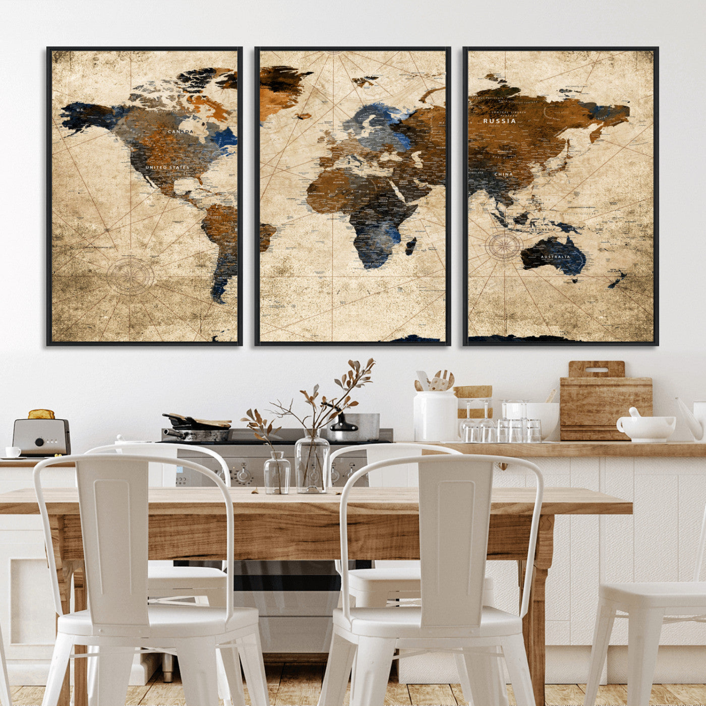 56297284-MGV-FC-60X30-3P - World Map Wall Art Canvas Print, Modern Decorative Framed Map Artwork Prints for Living Room, Office, Bedroom Wall Decor