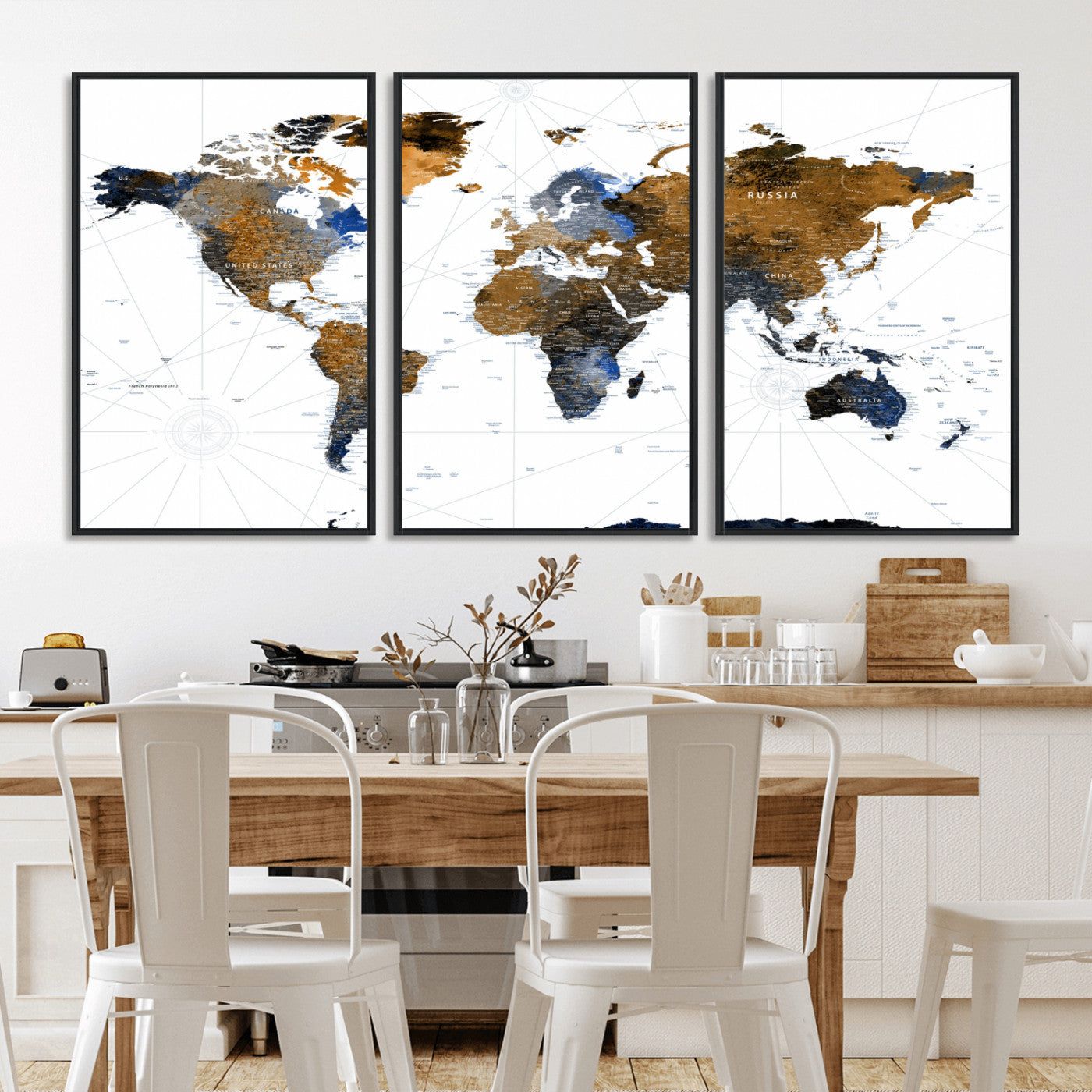 40862517-MGV-FC-60X30-3P - World Map Wall Art Canvas Print, Modern Decorative Framed Map Artwork Prints for Living Room, Office, Bedroom Wall Decor