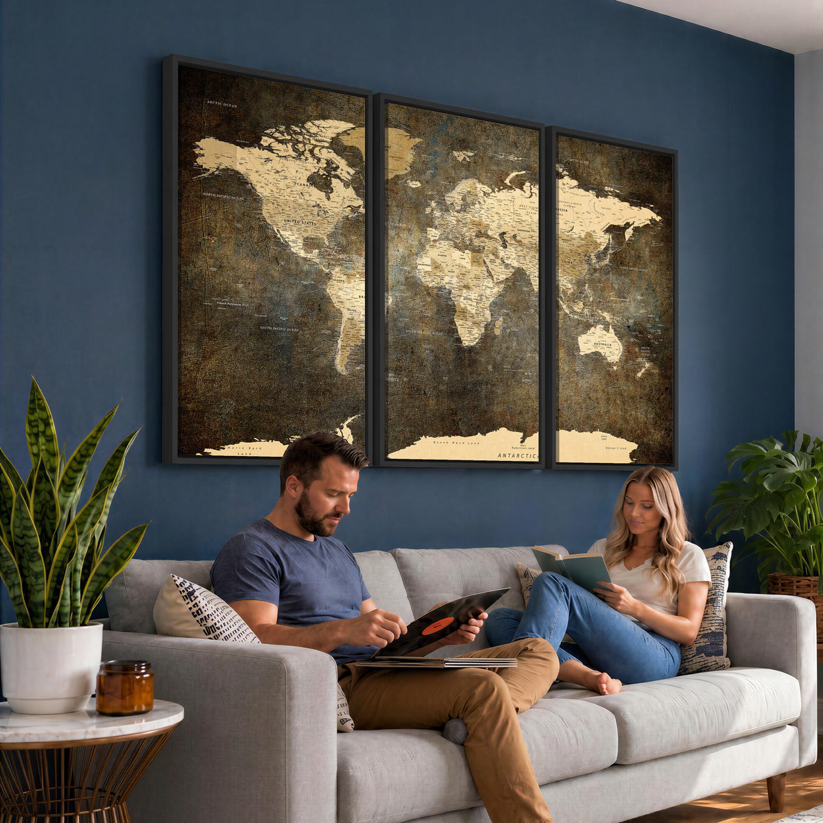 89742472-MGV-CV-36X24 - Large Framed Vintage World Map Wall Art Print for Home Wall