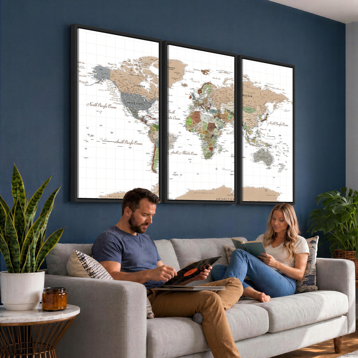 91286788-MGV-CV-36X24 - World Map Wall Art Canvas Print, Modern Decorative Framed Map Artwork Prints for Living Room, Office, Bedroom Wall Decor
