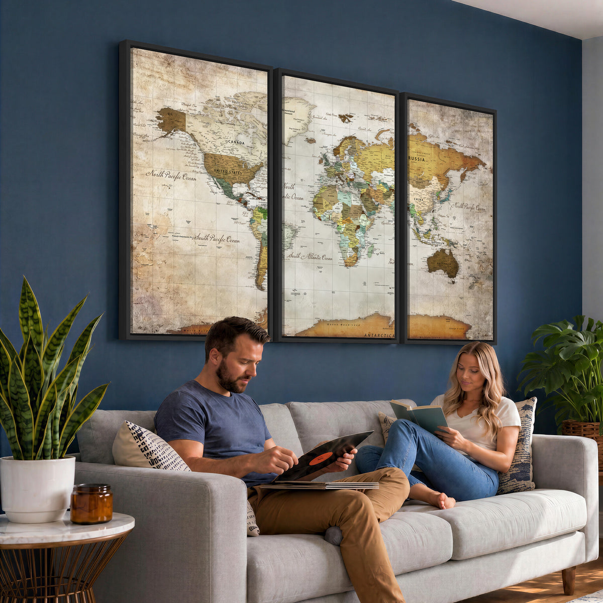 86108417-MGV-CV-36X24 - World Map Wall Art Canvas Print, Modern Decorative Framed Map Artwork Prints for Living Room, Office, Bedroom Wall Decor