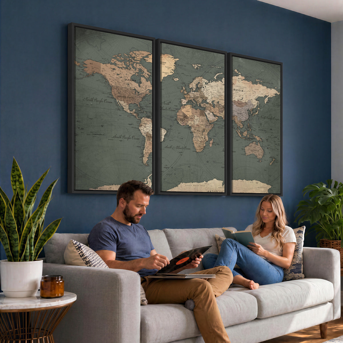 84619399-MGV-CV-36X24 - World Map Wall Art Canvas Print, Modern Decorative Framed Map Artwork Prints for Living Room, Office, Bedroom Wall Decor