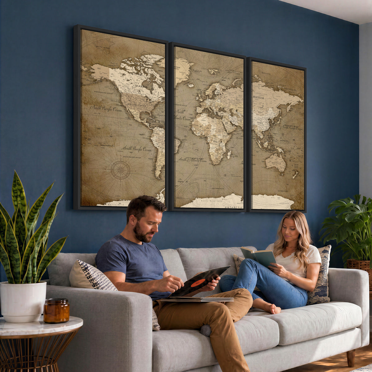 82314635-MGV-CV-36X24 - World Map Wall Art Canvas Print, Modern Decorative Framed Map Artwork Prints for Living Room, Office, Bedroom Wall Decor