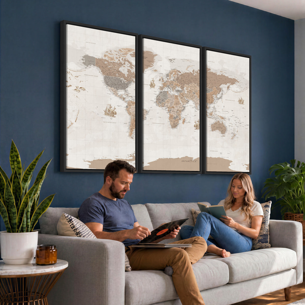 85057279-MGV-CV-36X24 - Framed Large World Map Canvas Print for Office Decor