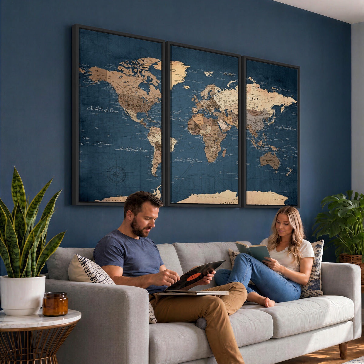 69886352-MGV-CV-36X24 - World Map Wall Art Canvas Print, Modern Decorative Framed Map Artwork Prints for Living Room, Office, Bedroom Wall Decor
