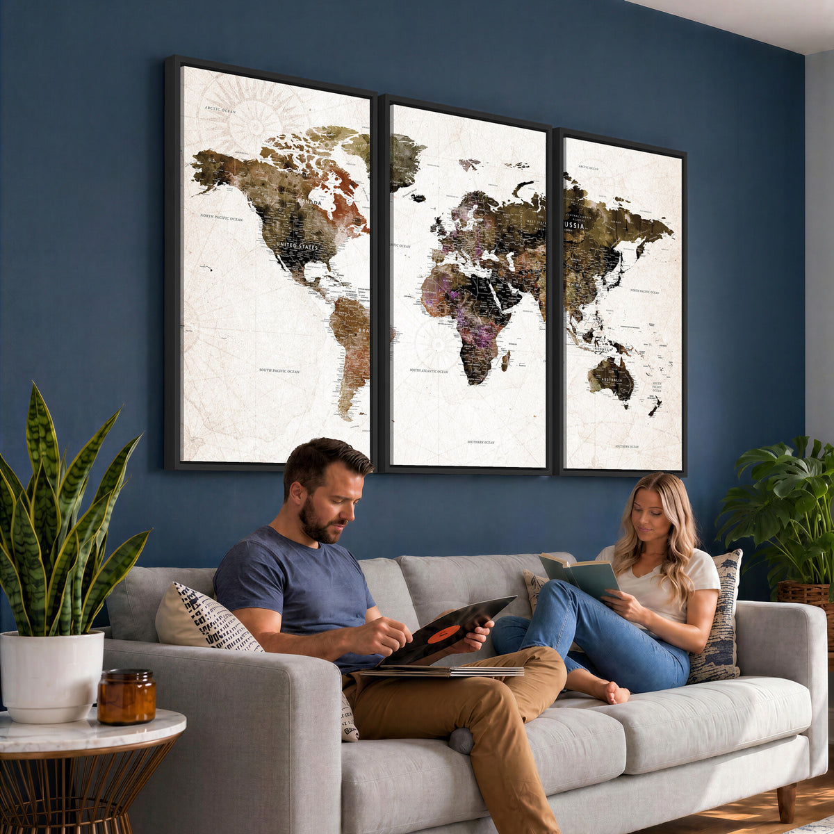 77651968-MGV-CV-36X24 - Watercolor World Map Print - Large Wall Art Canvas Print for