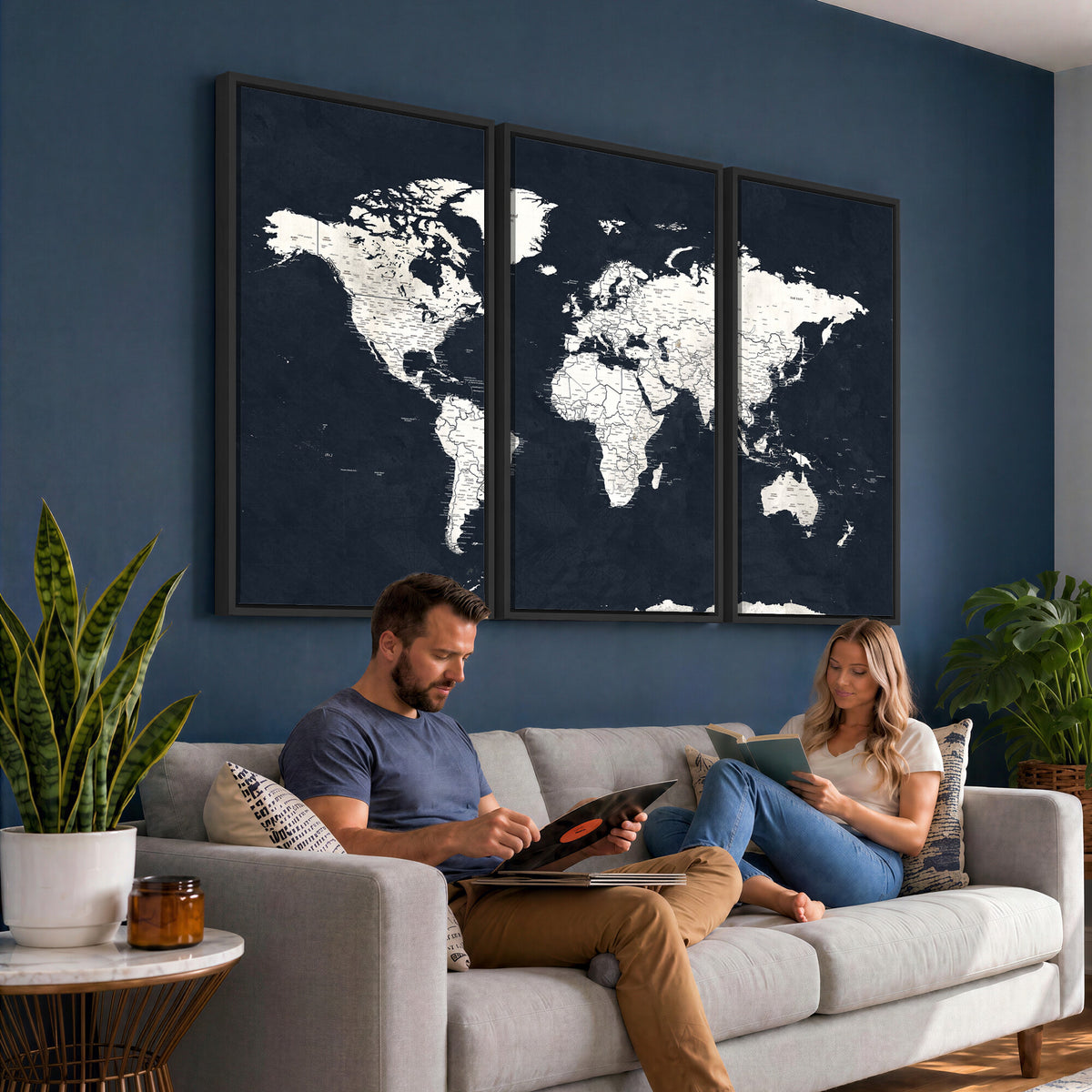 11963807-MGV-CV-36X24 - Black World Map Wall Art Canvas Print for Home Office and Meeting Room Decor