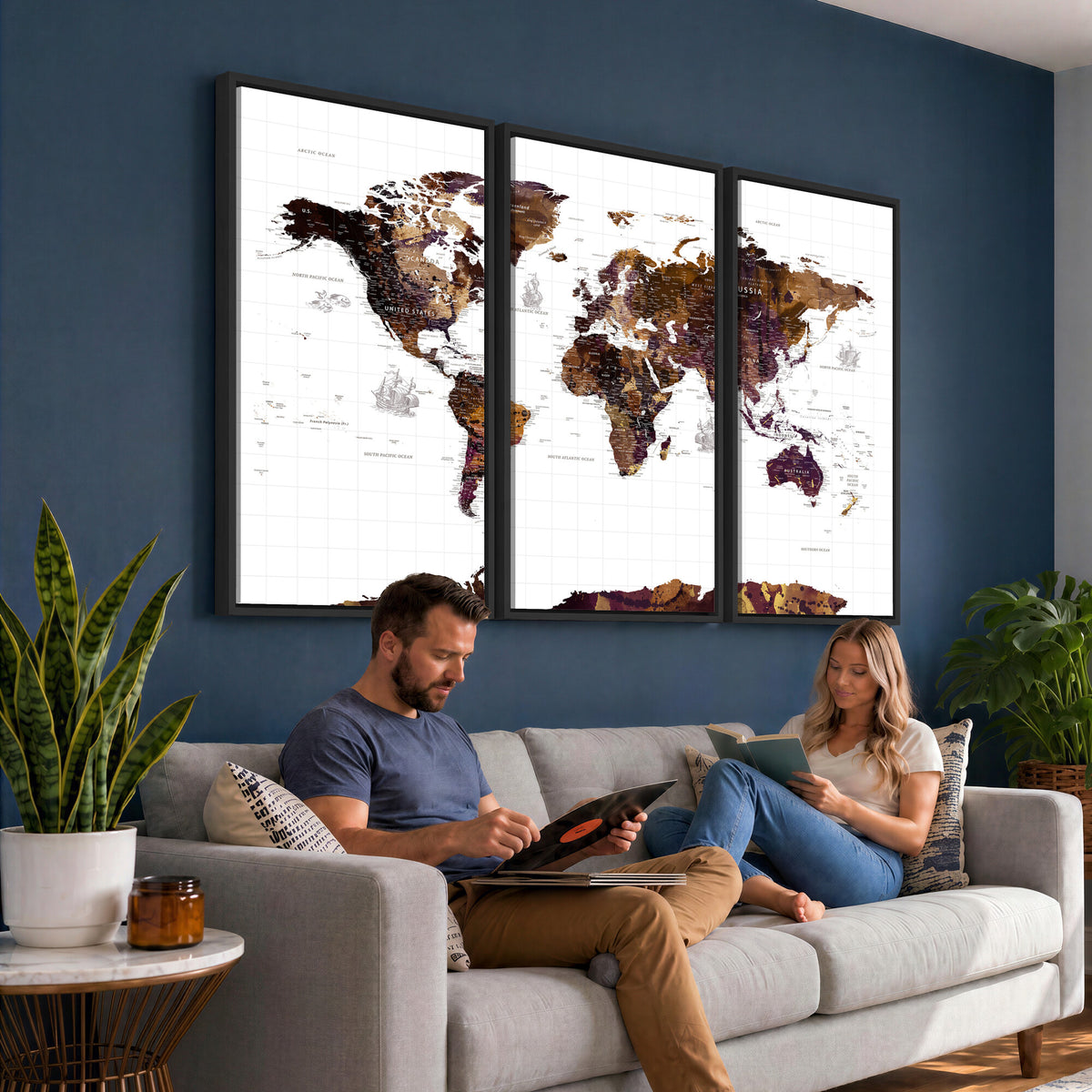 34792695-MGV-CV-36X24 - Rustic World Map Wall Art Canvas Print | Large Vintage Blue World Map on Wood Grain Style Background