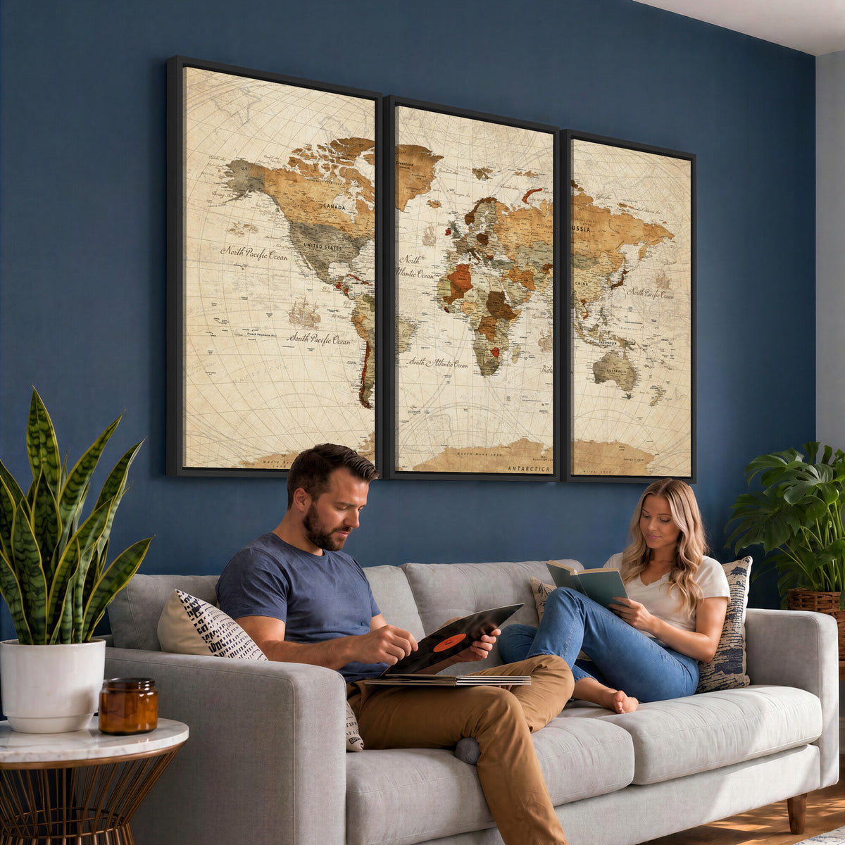 29684537-MGV-CV-36X24 - Vintage World Map Canvas Print, Framed Rustic Detailed Map of the World, Explorer Decor