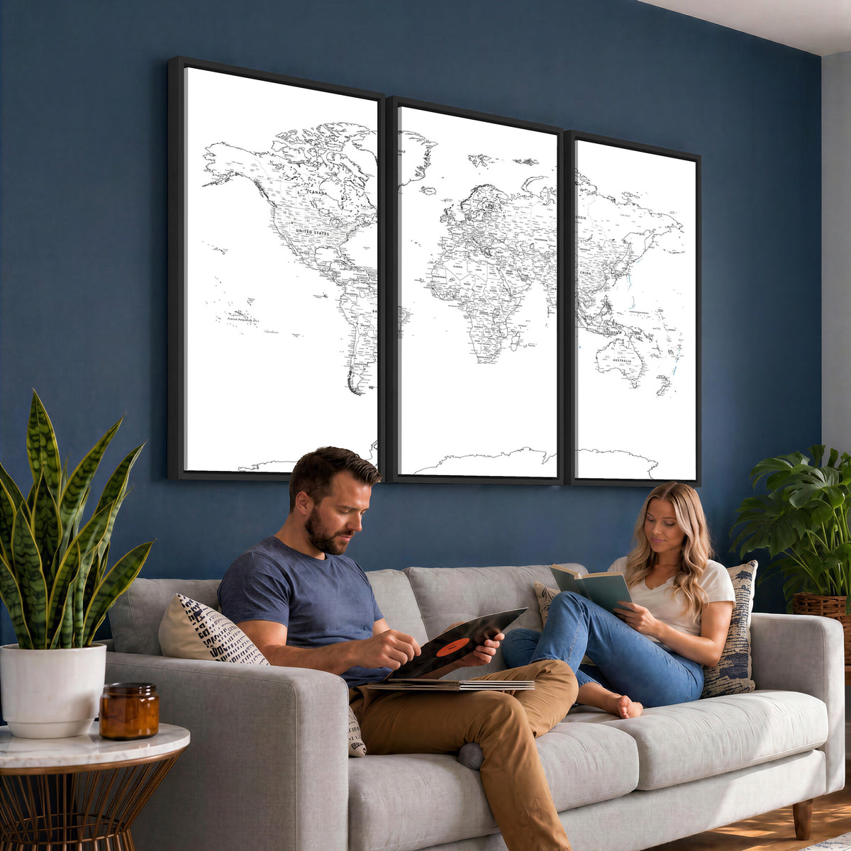 21002736-MGV-CV-36X24 - World Map Canvas Print, Framed Modern Detailed Map of the World for Home or Office