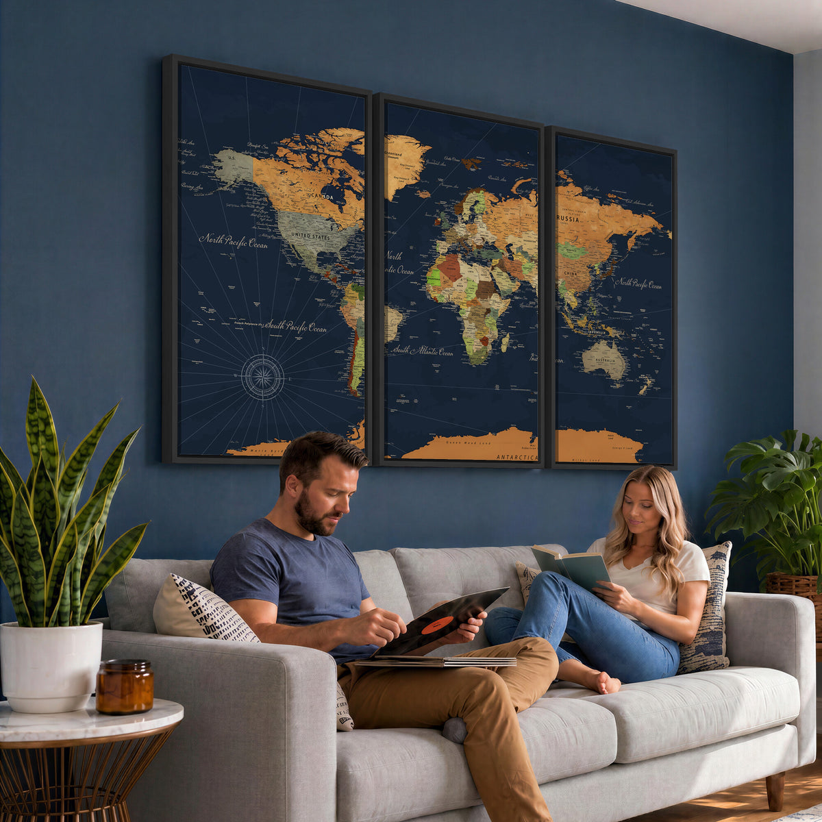 11715182-MGV-CV-36X24 - Modern World Map Canvas Print, Framed Detailed Map of the World Wall Art