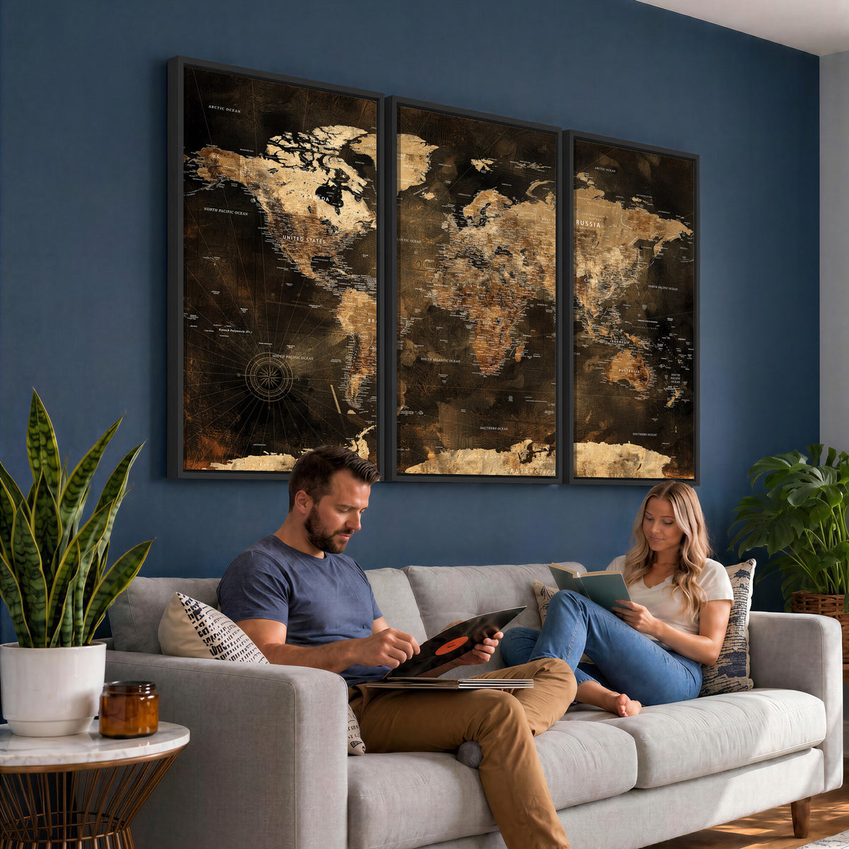 97742922-MGV-CV-36X24 - World Map Canvas Print, Modern Decorative Framed Map Artwork