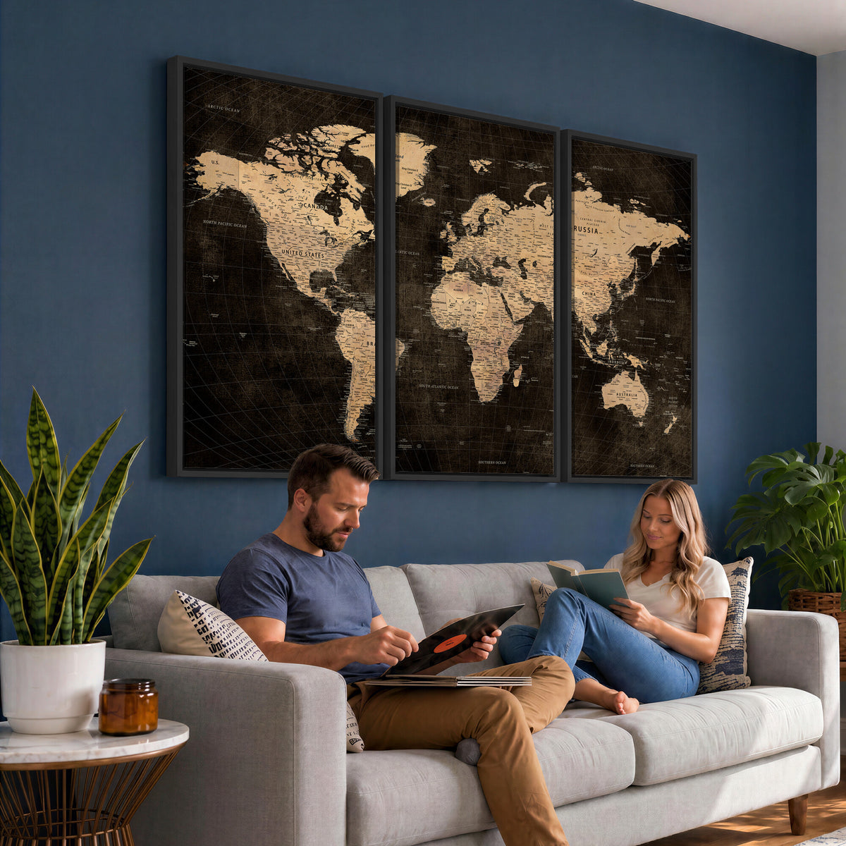 15118265-MGV-CV-36X24 - Brown World Map Canvas Print | Modern Travel Map Wall Art