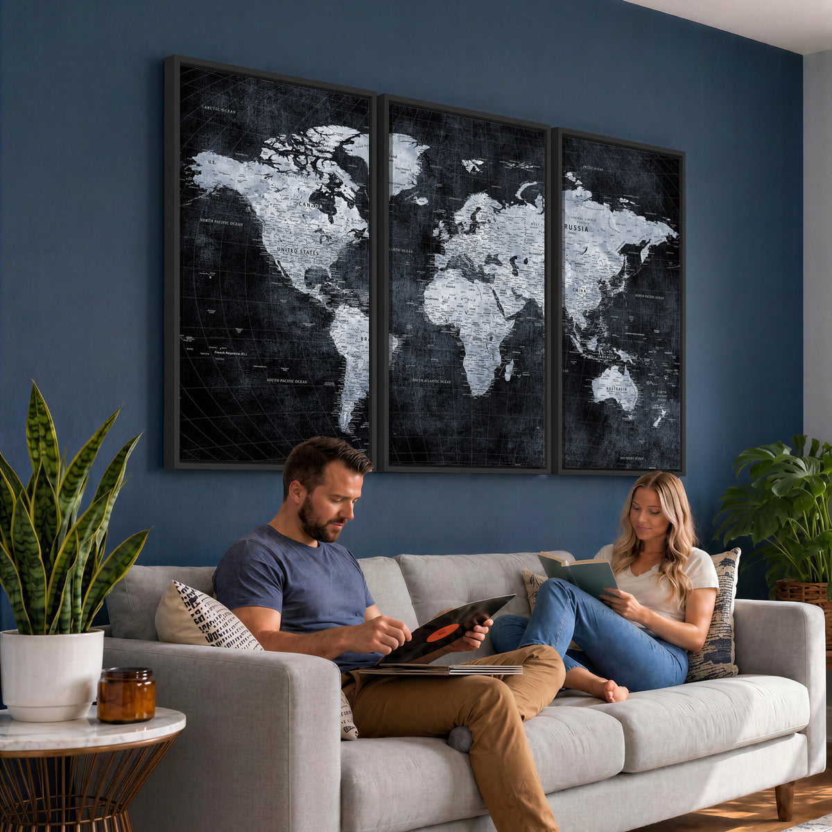 86893704-MGV-CV-36X24 - Black World Map Canvas Print | Detailed Map for Couples and Anniversary Gift
