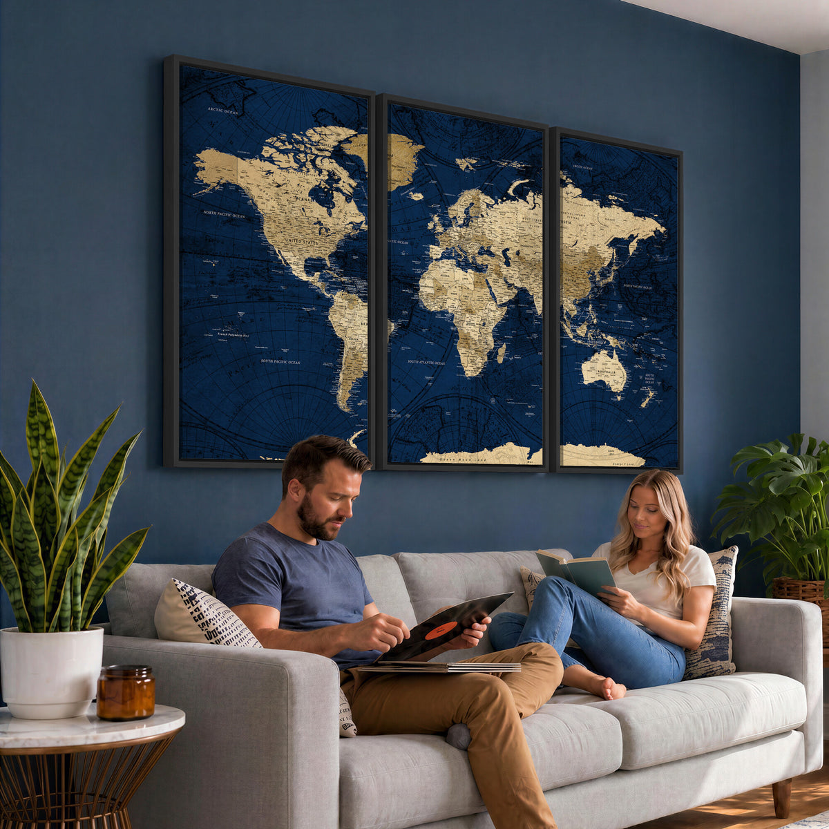 54770746-MGV-CV-36X24 - Navy Blue World Map Canvas Print – Detailed Map Minimal Navy