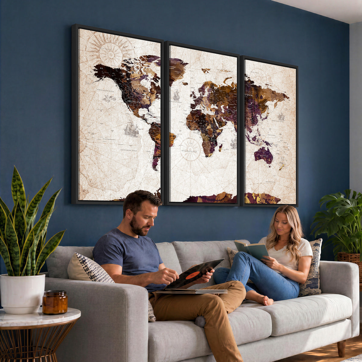 53400857-MGV-CV-36X24 - Blue Watercolor World Map Canvas Print – Framed Modern Wall