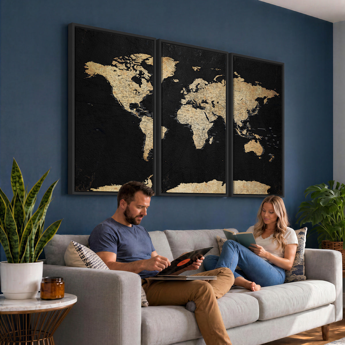 71518849-MGV-CV-36X24 - Beige World Map Canvas Wall Art Print, Minimal Black and