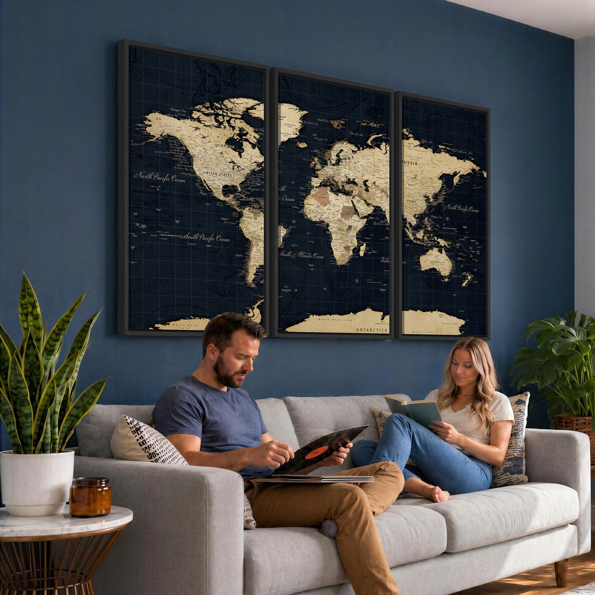 45063434-MGV-CV-36X24 - Dark World Map Canvas Wall Art Print, Minimal Black and Gold Map