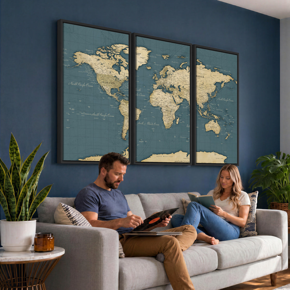 99599383-MGV-CV-36X24 - Minimal Vintage World Map Canvas Wall Art Print, Neutral