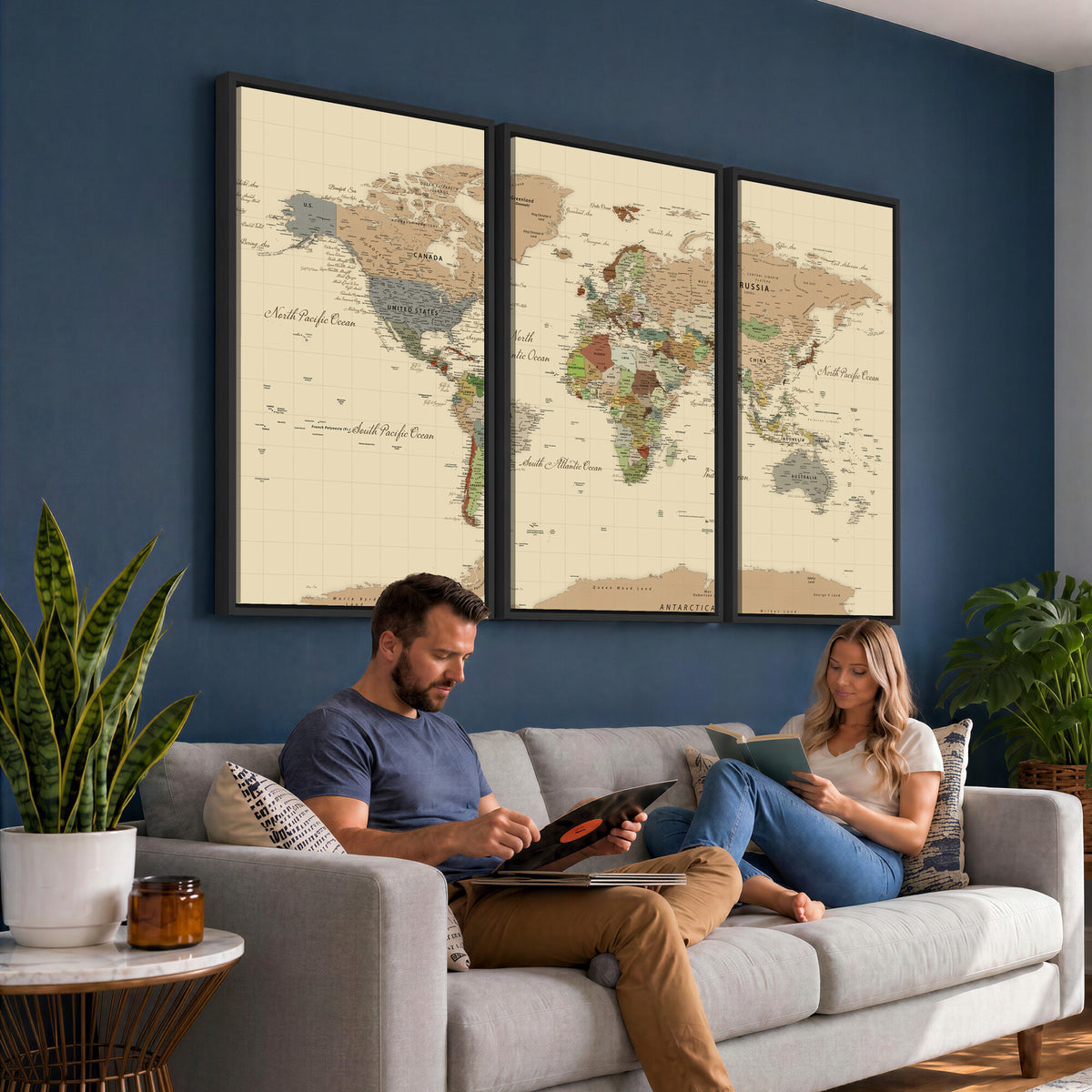 31407854-MGV-CV-36X24 - World Map Wall Art Canvas Print, Modern Decorative Framed Map Artwork Prints for Living Room, Office, Bedroom Wall Decor