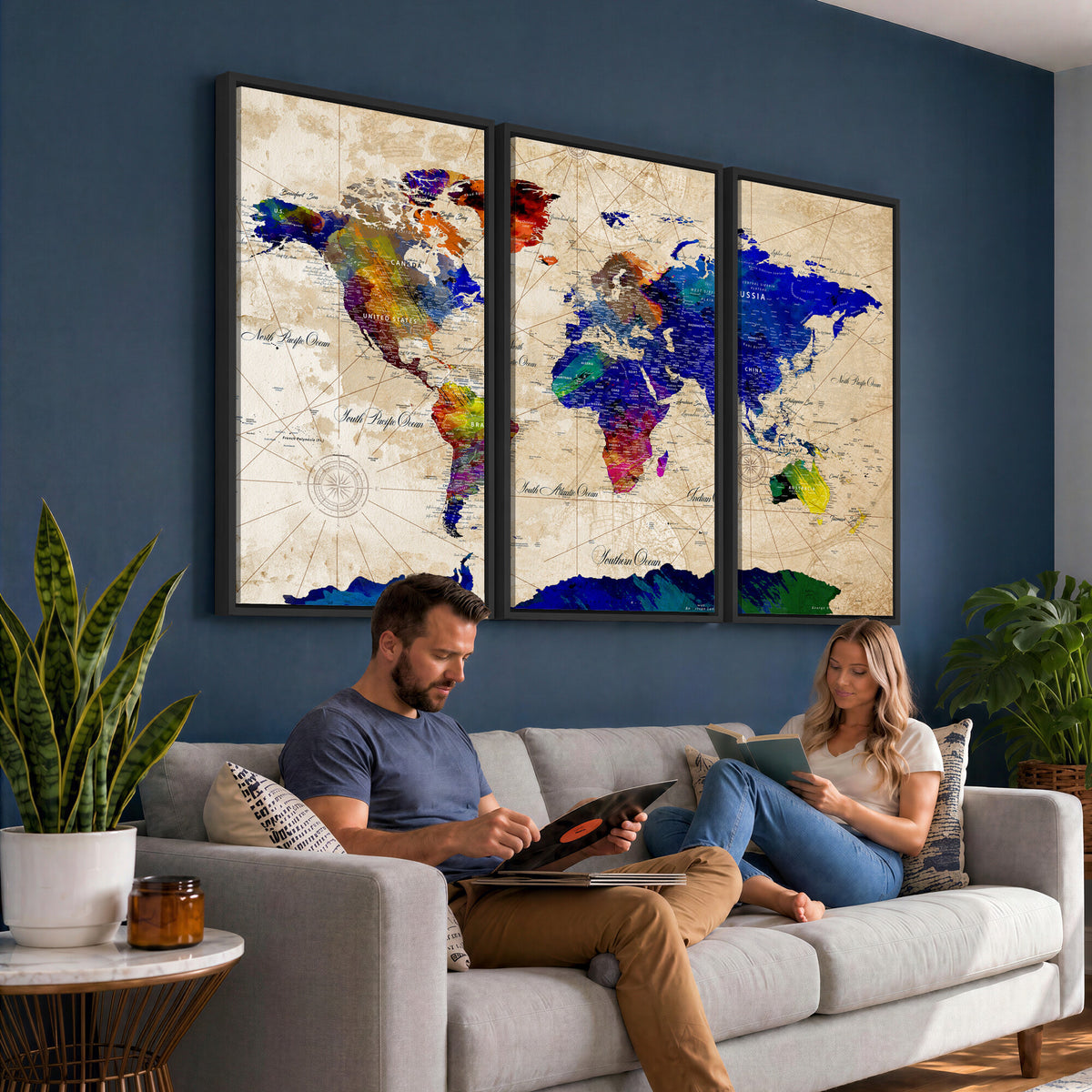 26284075-MGV-CV-36X24 - World Map Wall Art Canvas Print, Modern Decorative Framed Map Artwork Prints for Living Room, Office, Bedroom Wall Decor