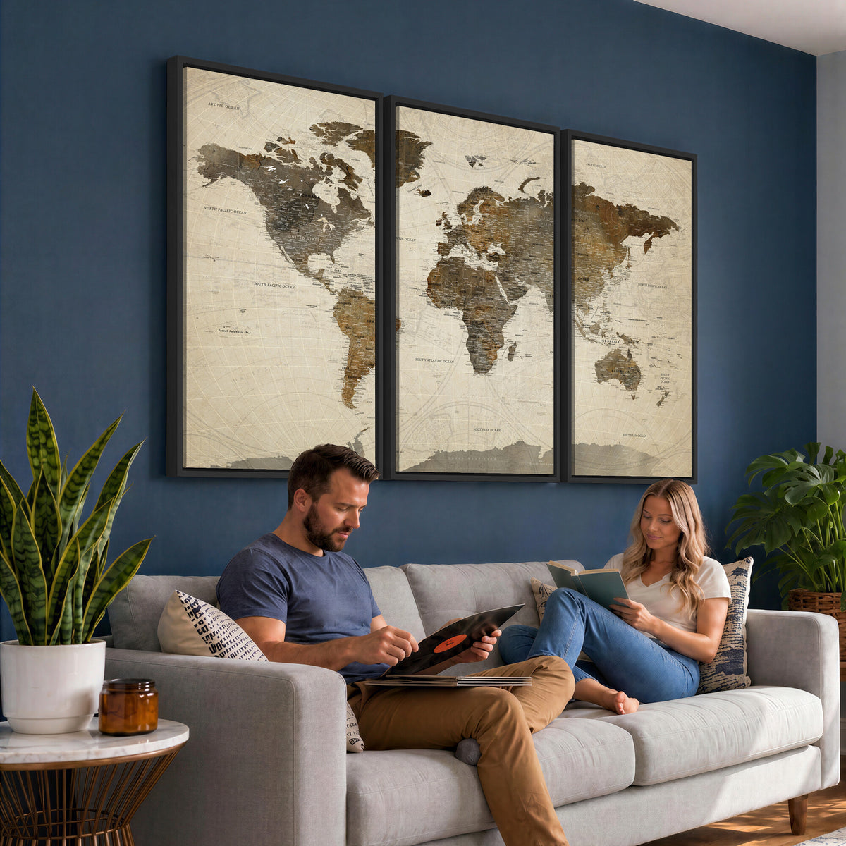 49623468-MGV-CV-36X24 - World Map Wall Art Canvas Print, Modern Decorative Framed Map Artwork Prints for Living Room, Office, Bedroom Wall Decor