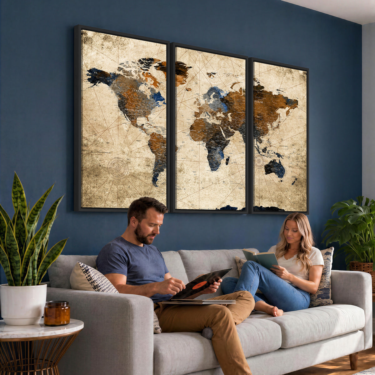 27163414-MGV-CV-36X24 - World Map Wall Art – Rustic Earth Tone Canvas Print, Antique