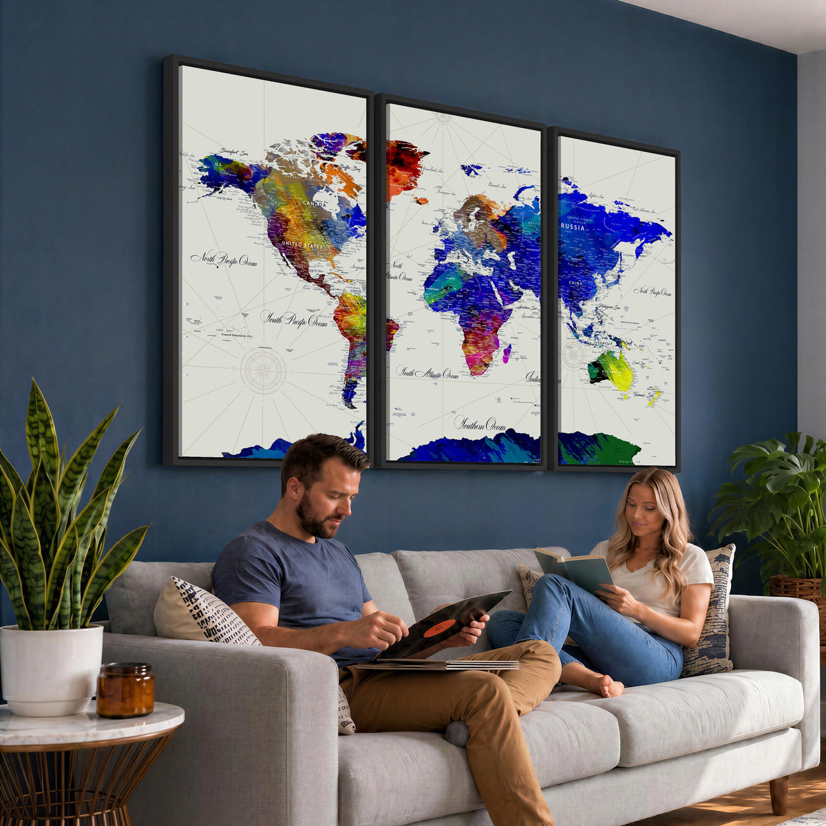 49670038-MGV-CV-36X24 - World Map Wall Art Canvas Print, Modern Decorative Framed Map Artwork Prints for Living Room, Office, Bedroom Wall Decor