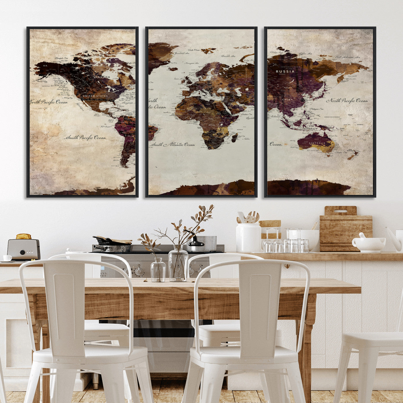 50611123-MGV-CV-36X24 - World Map Canvas Triptych – Colorful Global Wall Art for Living Rooms, Offices, and Study Spaces