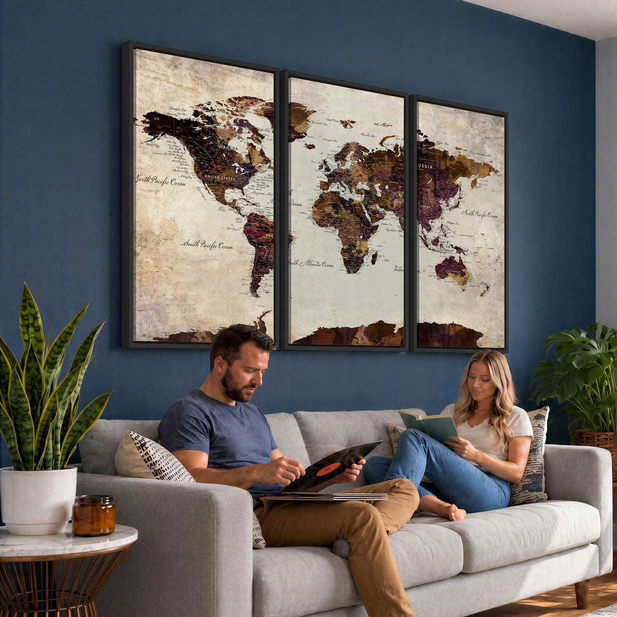 50611123-MGV-CV-36X24 - World Map Canvas Triptych | Colorful Global Wall Art for Living Rooms